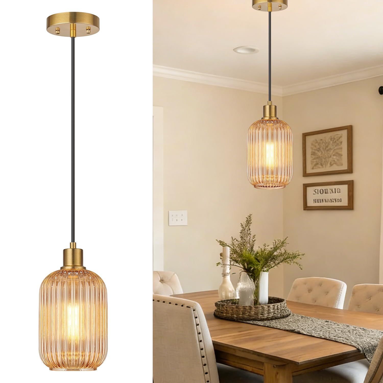 Photo 1 of 1 Pack Pendant Lights with Vintage Amber Ribbed Glass Lampshade, Adjustable Brushed Gold Pendant Lights Fixtures for Kitchen Island Lighting Sink, Dining & Living Room Hallway (Bulbs Not Included)