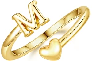 M MOOHAM Stocking Stuffers for Teen Girls Women - Gold Rings for Women Girls 14K Gold Plate Initial Rings for Women Non Tarnish Letter A- Z Dainty Heart Ring Adjustable Pinky Ring Personalized Jewelry Gifts
