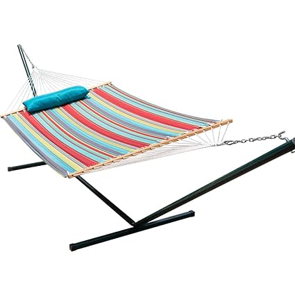 Lazy Daze Hammocks 15 Feet Heavy Duty Steel Hammock Stand Two Person Quilted Fabric Hammock And Pillow Combo Bluered Stripe