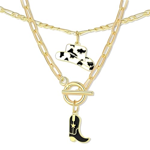 Ticome Cowgirl Necklace for Women,Western Cowboy Hat & Boots Layered Pendant Necklace,Biker Jewelry,Country Fashion Gift