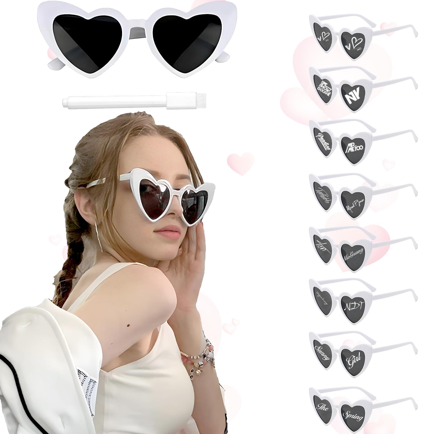 Fosoloni Set of 8 Heart Shaped Sunglasses with White Pen for Writing on