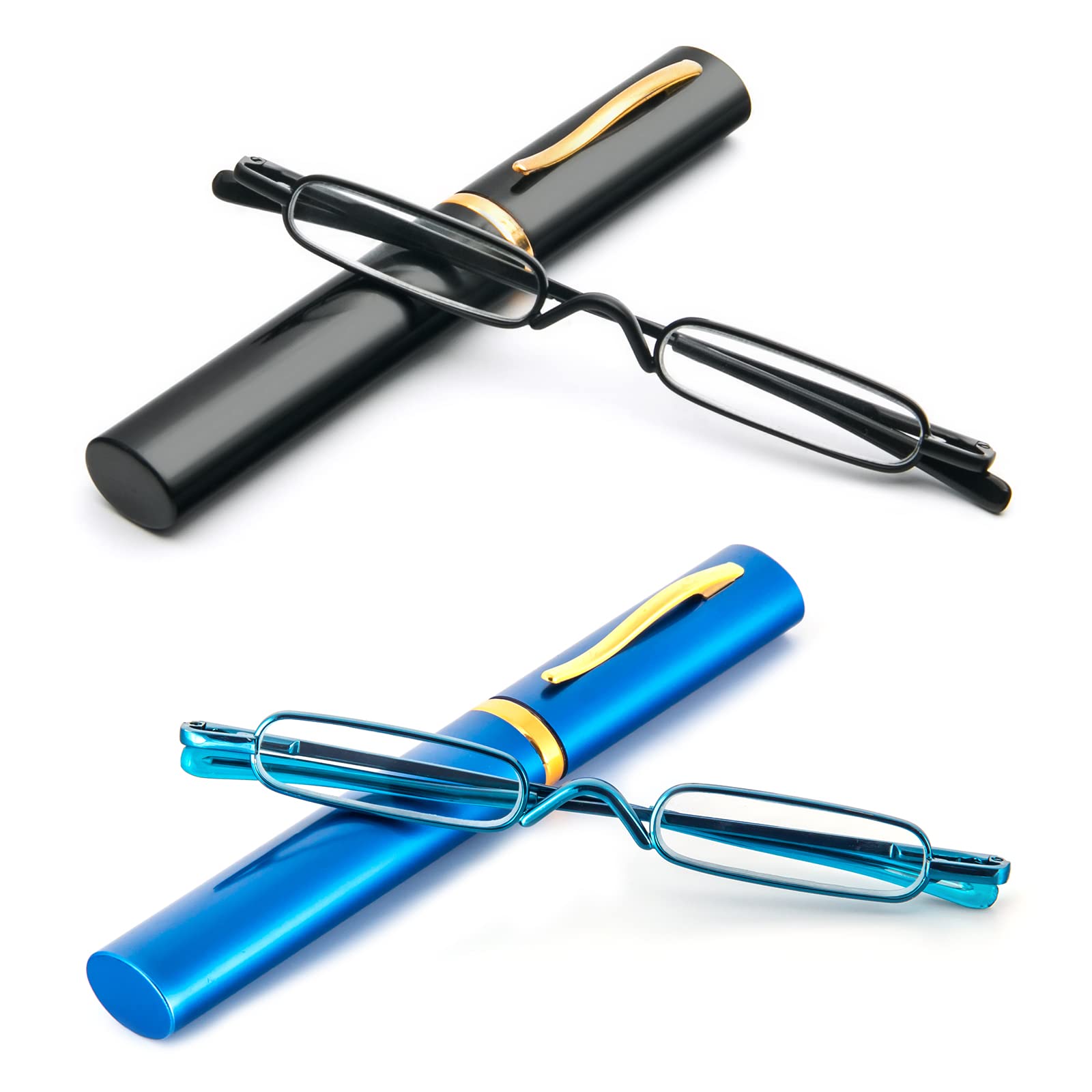 MMOWW 2 Pair Mini Compact Reading Glasses for Men Women - Superlight Metal Pocket Readers with Portable Pen Cases (Black/Blue, +1.5)