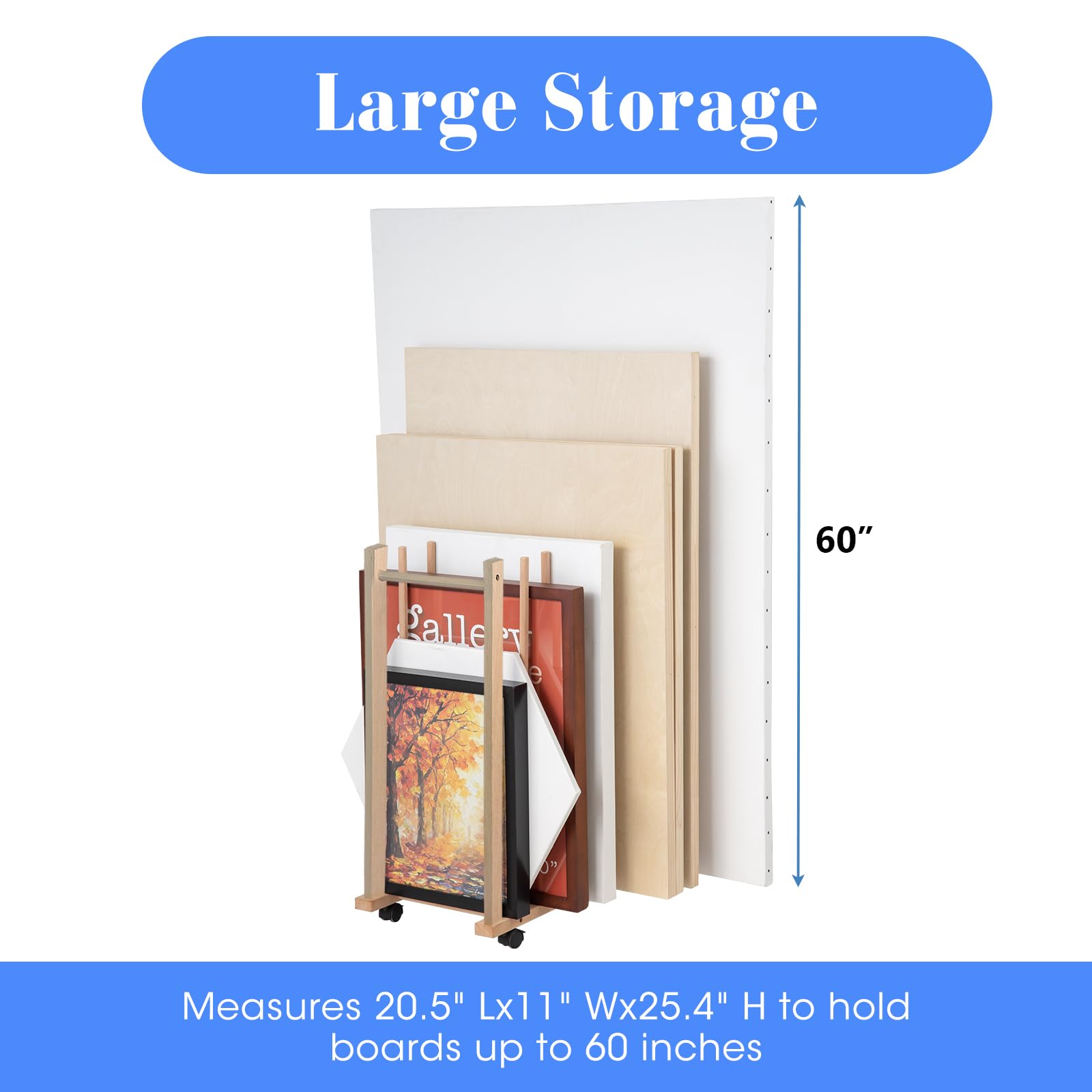 Large Art Drying Rack with Four Caster Wheels and Handle - Solid Wooden Canvas Storage Stand for Drawing Boards, Frames, Panels, Paintings, and Artworks Display