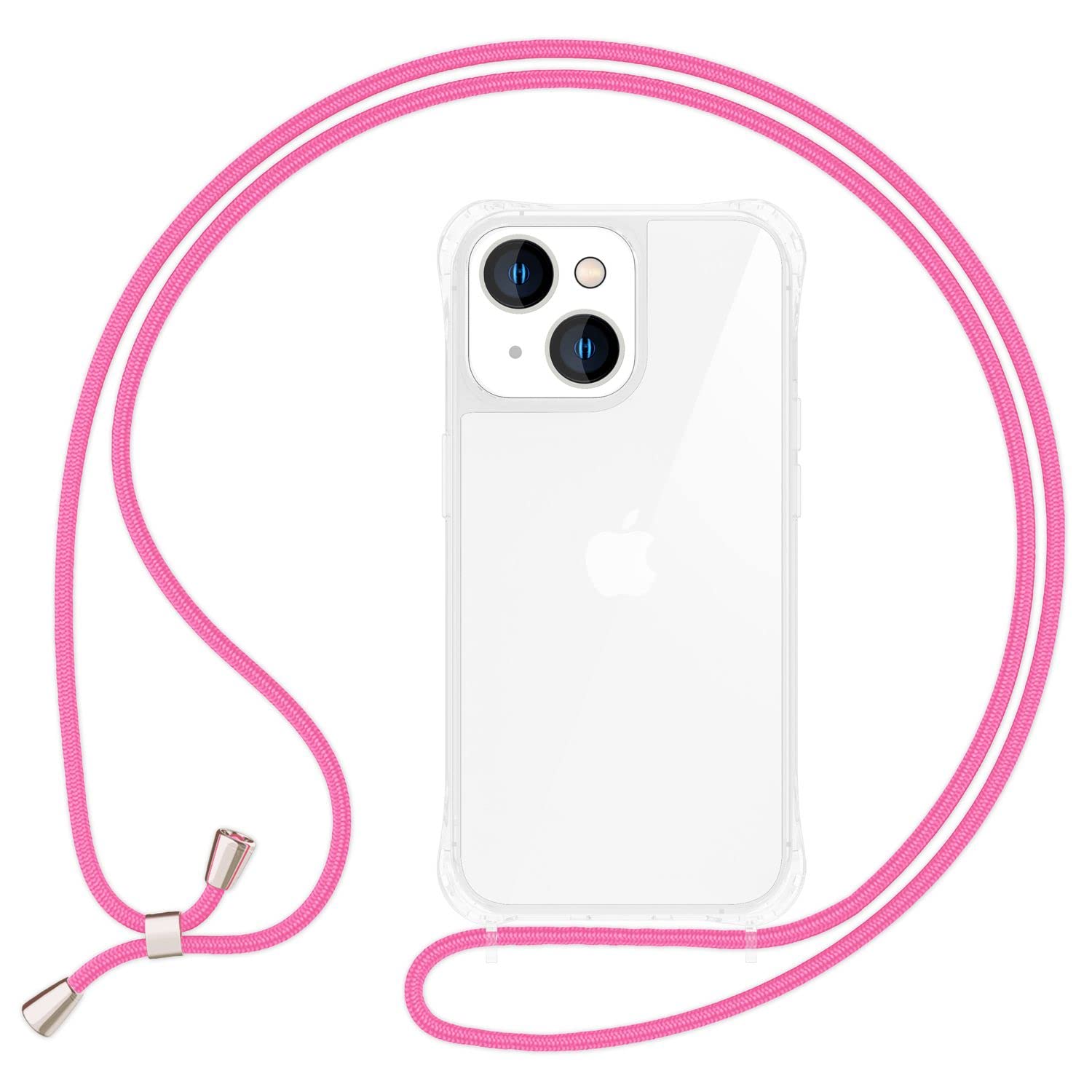 NALIA Necklace Case for iPhone 14 - Transparent Hybrid Cover & Strap - HANGIT PRO (Anti-Yellow Back & Adjustable) - German Brand, Color:Pink