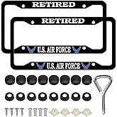 2 Pcs Aluminum Retired License Plate Frame for U.S. Air Force,4-Hole Matte Black for USAF Car Licenses Plate Covers Holders Frames for Plates with Screw Caps