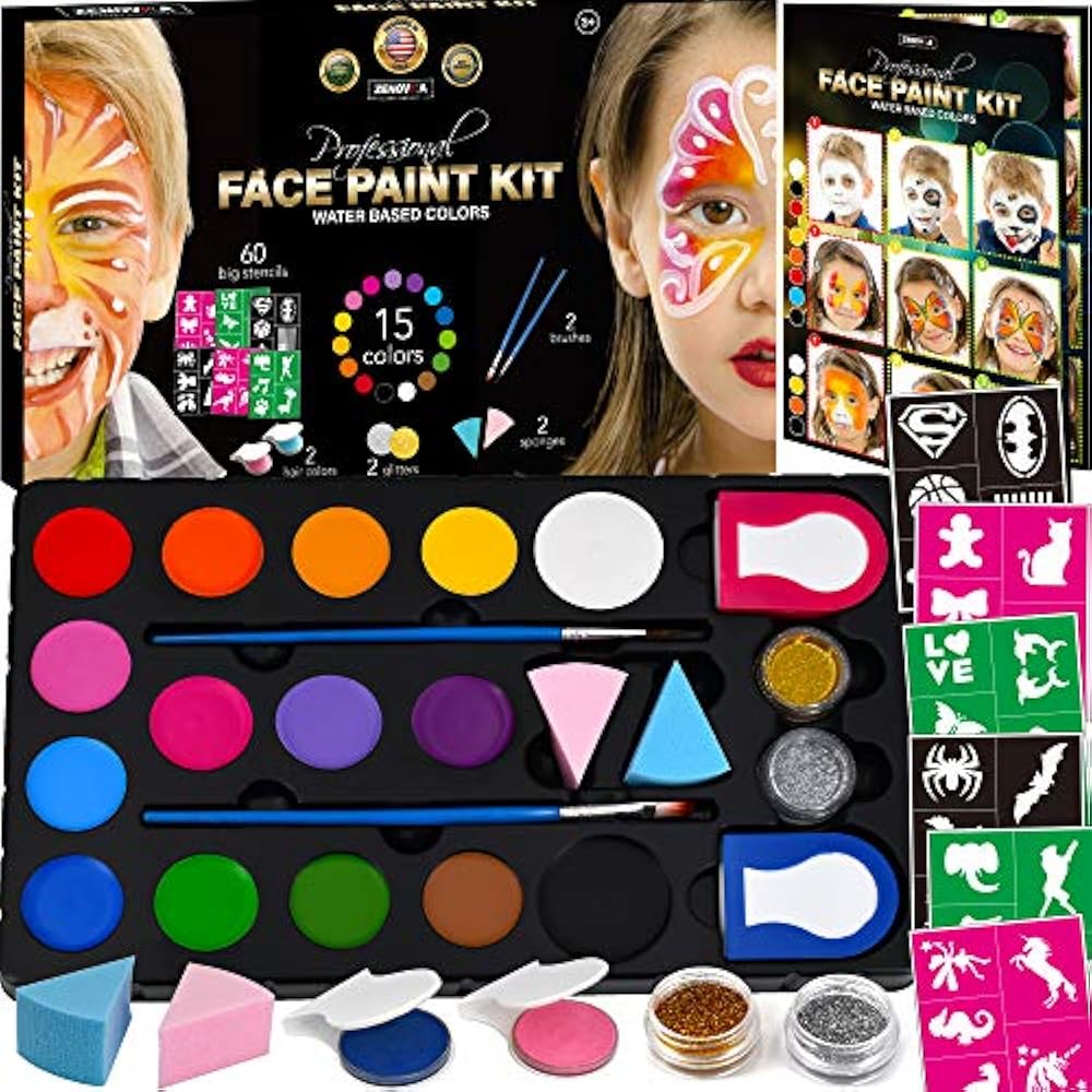 Face Paint Kit For Kids 60 Jumbo Stencils, 15 Large Water Based