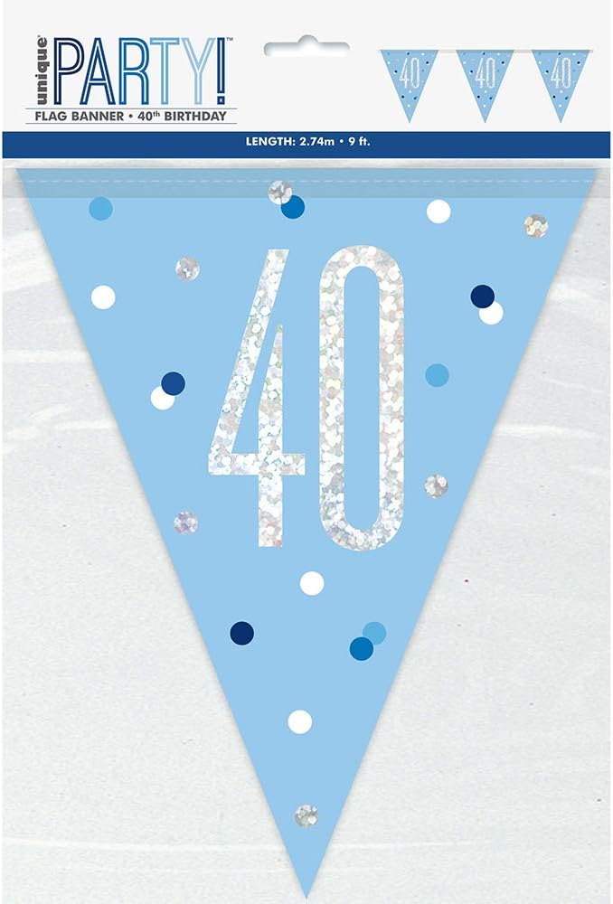 Unique Party 83440-9ft Glitz Blue & Silver 40th Birthday Bunting Banner, Age 40