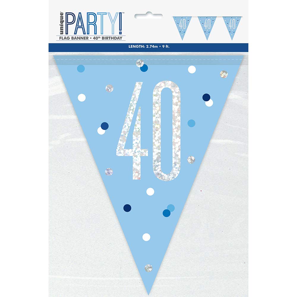 Unique Party 83440-9ft Glitz Blue & Silver 40th Birthday Bunting Banner