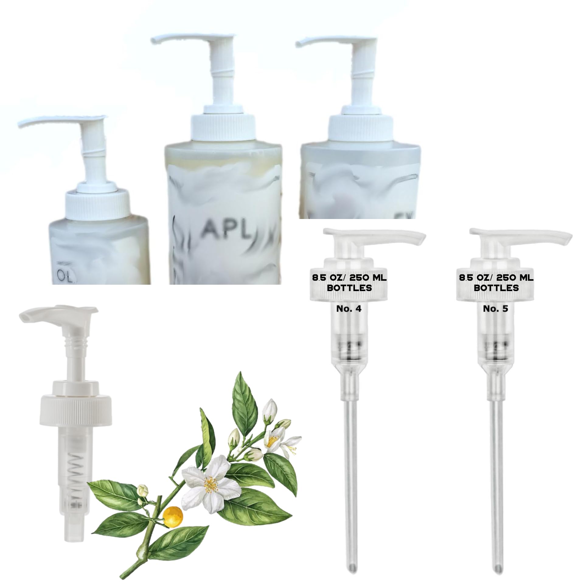Dispenser Pumps Compatible with Olaplex No. 4 Shampoo and No. 5 Conditioner 8.5 oz, 250 ml Size Bottles, NOT FOR Liters (1000ml/33.81oz) Two White Pumps Only by Ultra Beauty Essentials (No. 4 & No. 5) — image 1