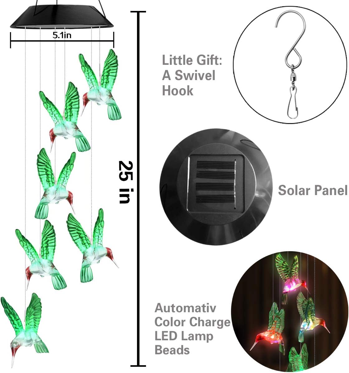 Topspeeder LED Solar Hummingbird Wind Chime, Changing Color Waterproof Six Hummingbird Wind Chimes for Home Party Night Garden Decoration (Green Hummingbird Birds) : Garden & Outdoor