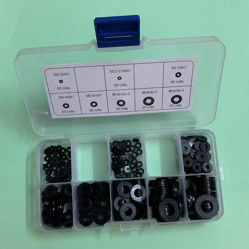 Movilideas 350 Pcs Caja Surtido de Arandelas Planas Arandelas de Plastico Redondas Arandela Nylon Negro Junta M2 M2.5 M3 M4 M5 M6 M8