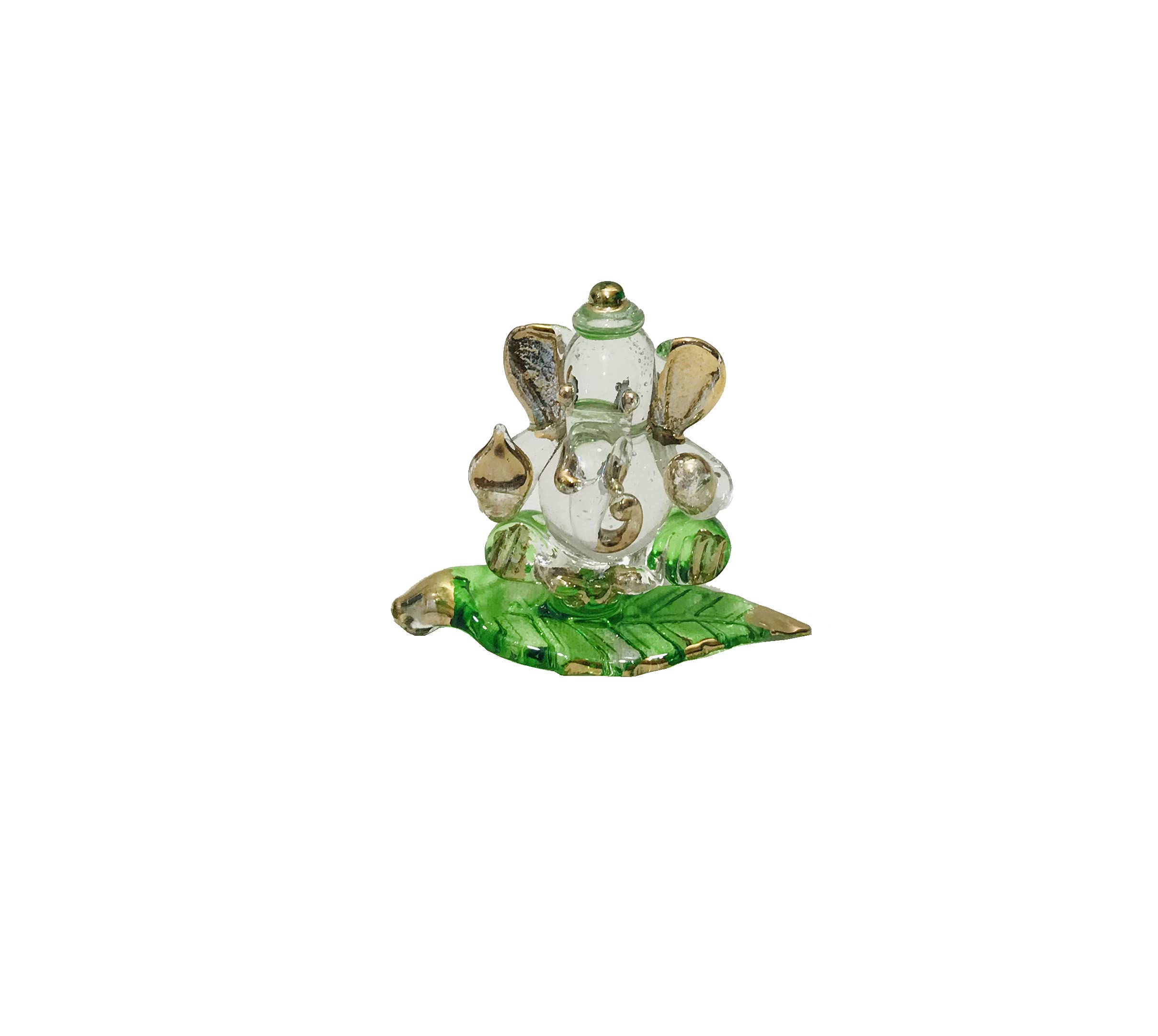 Gavya Small Crystal Ganesha Sitting On Betel Leaf (Paan) Ganpati Sculpture Car Dashboard Puja Statue mandir, temple Gift Height- 1.75 inch Green
