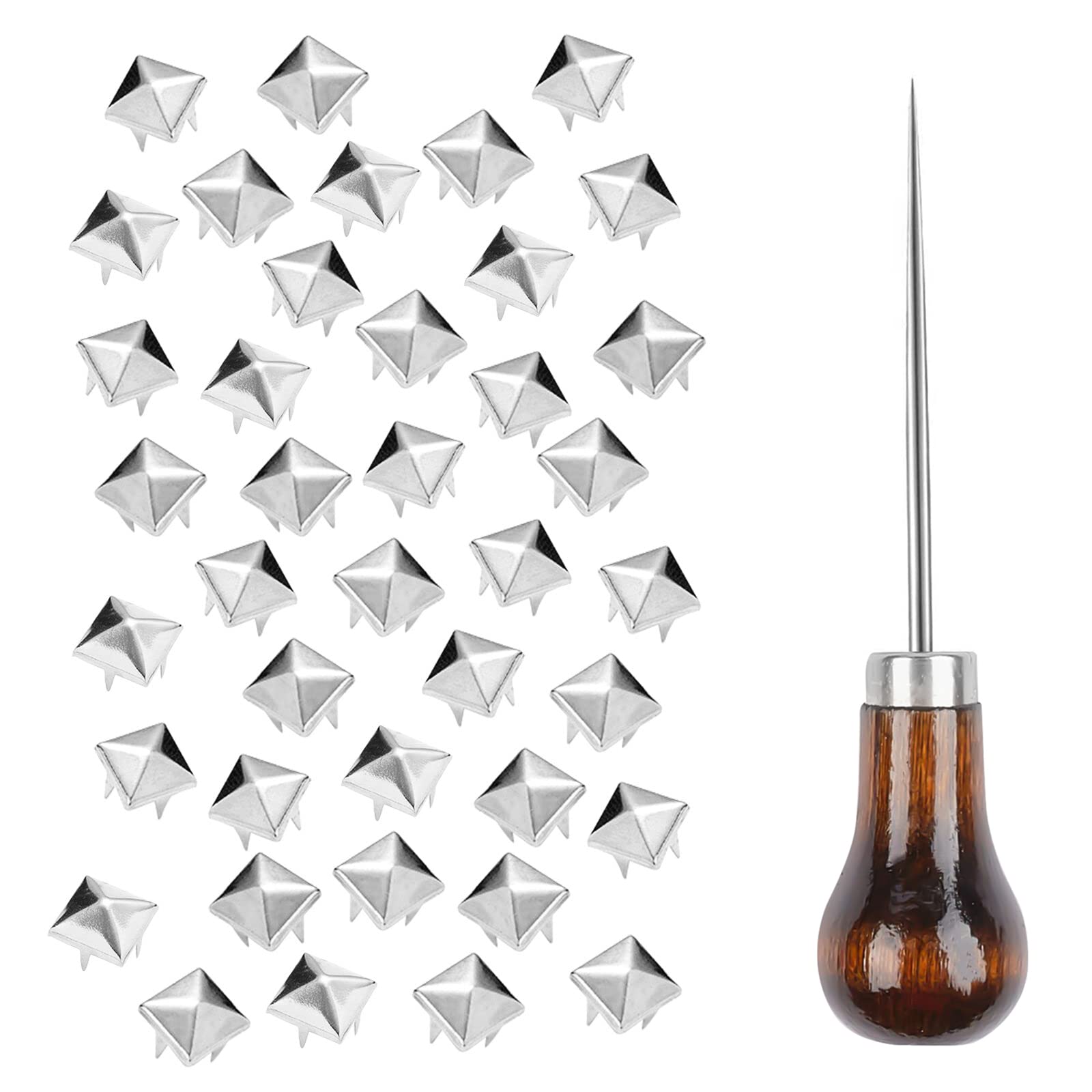 Photo 1 of TUZAZO 500 Pieces 10 mm Square Pyramid Studs for Clothing Bag Leather Shoes Punk Rock Jewelry Craft, 4 Prong Metal Nailhead Studs Spikes Accessories with Awl (Silver)