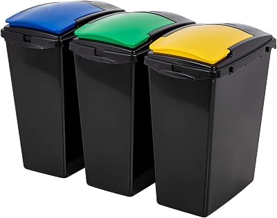 Addis 40 Litre Interlocking Recycling Bins Set of 3 Blue Yellow Lids
