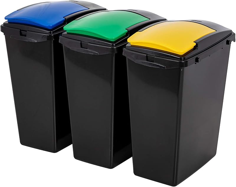 Addis 40 Litre Interlocking Recycling Bins Set of 3 Blue Yellow Lids