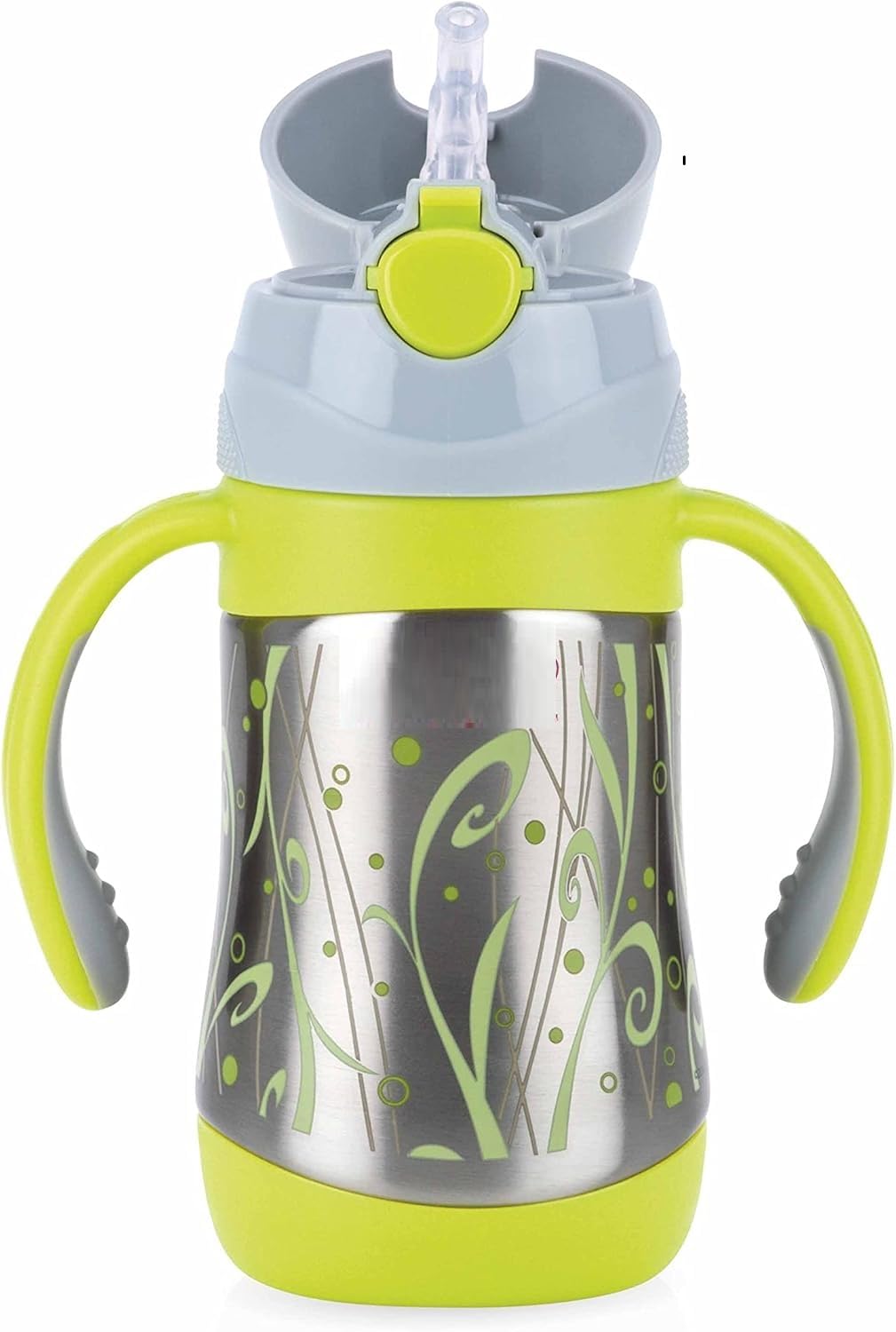 Nuby Stainless Steel Sipper Bottle Flask with Soft Straw | Insulated up to 6 Hours, Leakproof & Easy Grip Handles | for Hot & Cold Drinks | 280ml | for Kids, Infants & Toddlers | Age: 12m+
