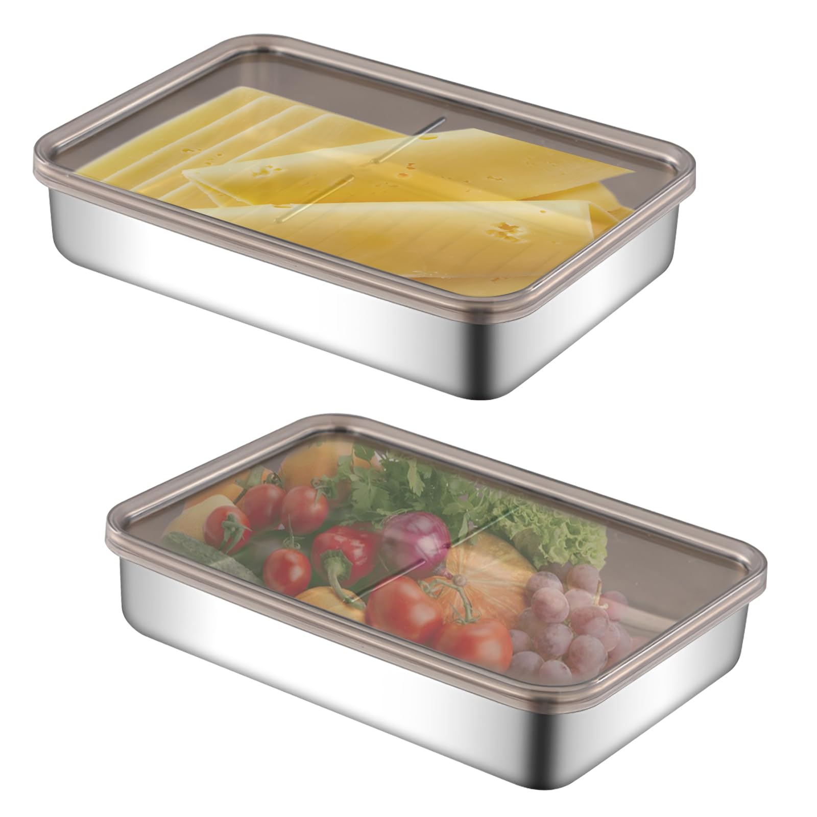 mumisuto 2Pcs Bacon Storage Box for Fridge, Deli Meat Containers with Lids, Rectangular Cheese Storage Container for Fridge Stainless Steel Cold Meat Containers for Deli Pasta (19.5x14x4cm)