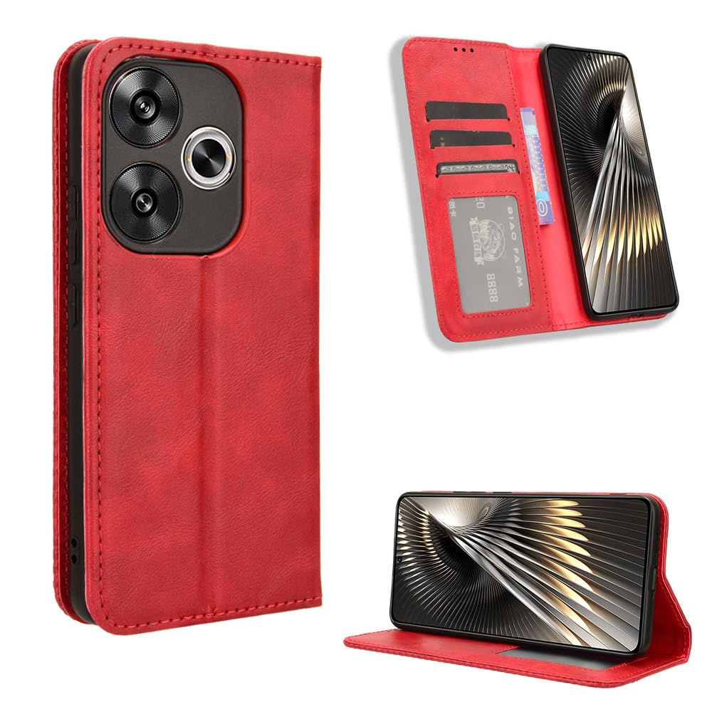 COMAKU Compatible with Xiaomi Poco F6 Case Leather - Flip Cover Protection magnetic Phone Case wallet with Card Holder - Red