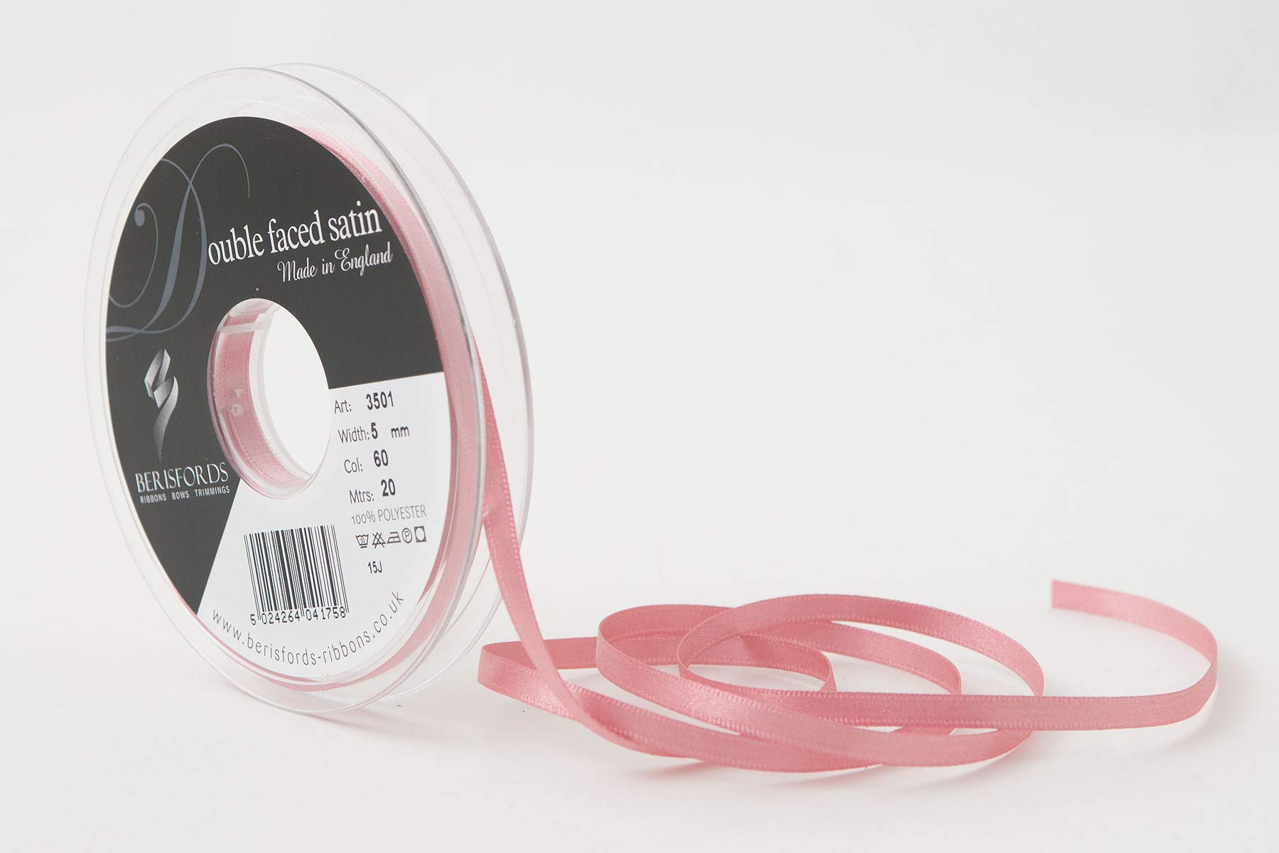Berisfords Double FACE Poly Satin Ribbon, Dusky Pink, 5 mm