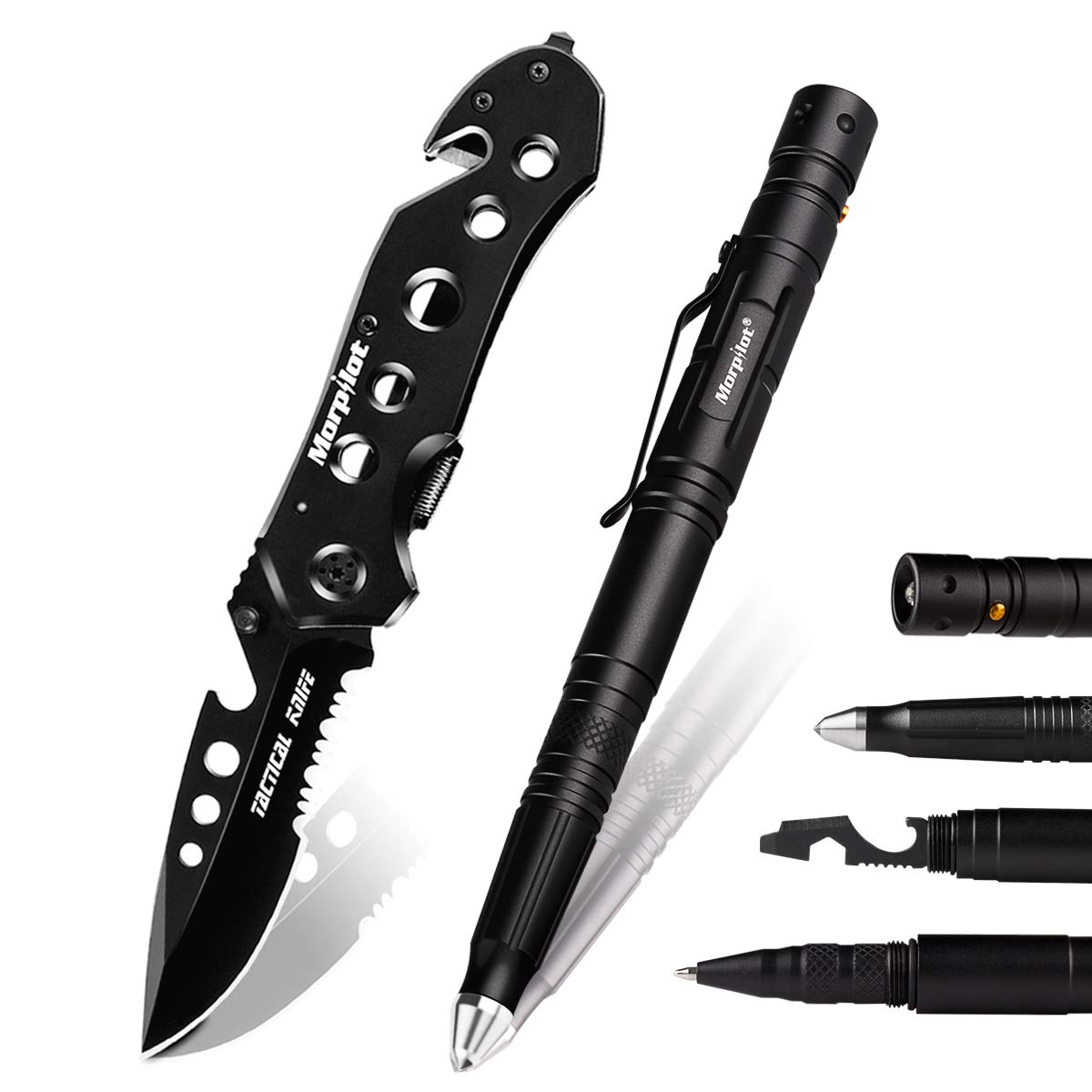 Set di Coltello Pieghevole e Penna Tattica, Coltello Tattico 5 in 1, Penna Multifunzione 7 in 1 con torica 80LM Morpilot Pieghevole 110mm, Acciaio inossidabile, Portatile e Confortevole, 2 Batterie Incluse, Nero