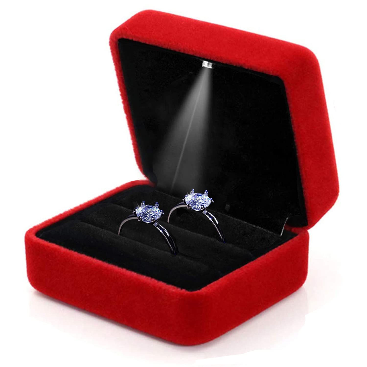 GBYAN 2 Slots Ring Box with LED Light Velvet Couple Ring Box Jewelry Display Case for Wedding, Engagement