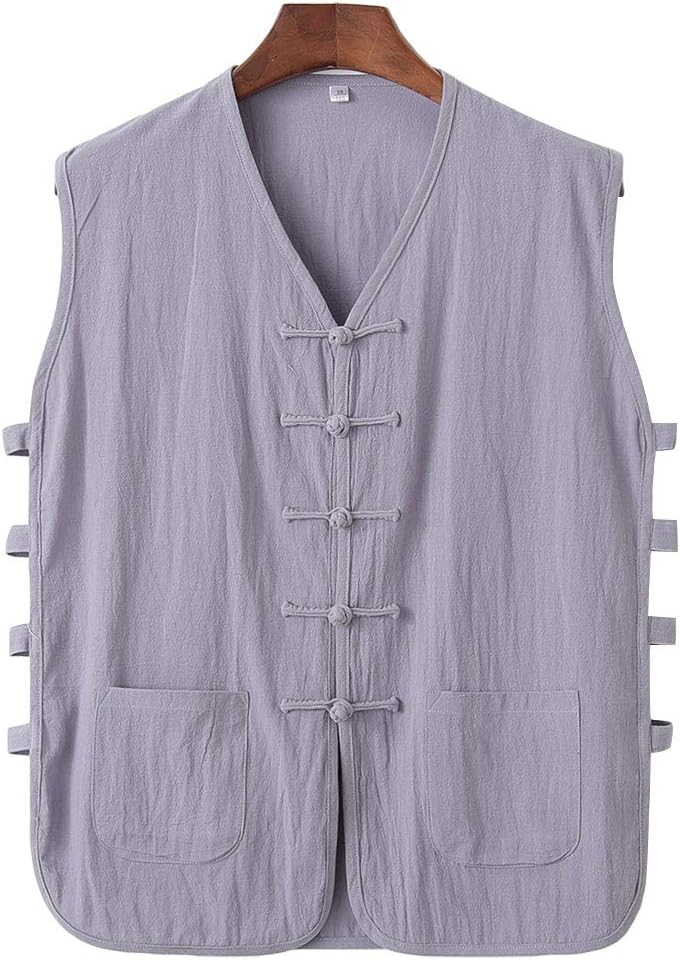 ZooBoo Kung Fu Men Linen Vest Set-Chinese Traditional Men Vintage Sleeveless Linen Cotton Vest, Qi Gong Martial Arts WingChun Shaolin Tai Chi Training Cloths Apparel