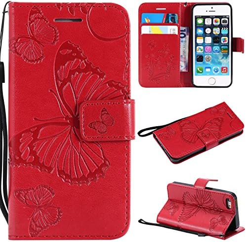 iPhone 5/5S/SE Wallet case,Ankoe Pretty Retro Butterfly Flower Design Pu Leather Book Style Wallet Flip Case Cover iPhone 5/5S/SE (Red)