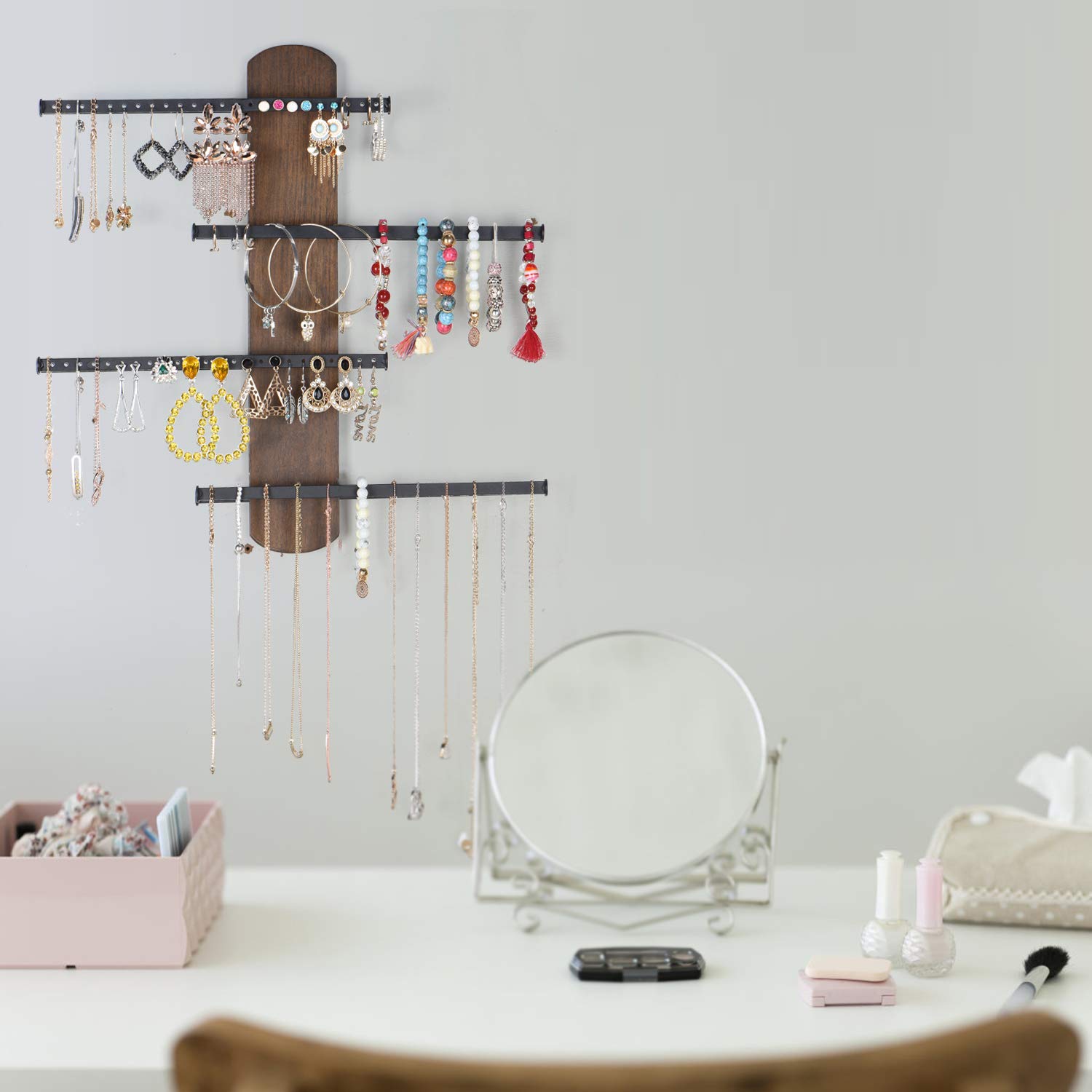 Keebofly Wall Mounted Jewelry Organizer Rustic Wood & Ample Storage with 4Tier Jewelry Rack for