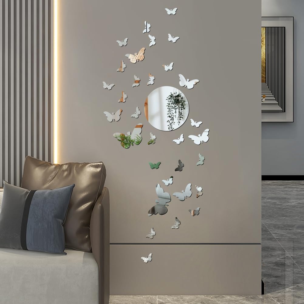 Butterfly Mirror Wall Stickers, 37 Pcs Acrylic 3D Wall Art Stickers Butterfly Wall Mirror Stickers Removable Silver Mirror Stickers for Living Room Bedroom Office Decor