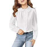 Haloumoning Girls Puff Long Sleeve Shirts Cute Casual Peter Pan Collar Blouse Ruffle Button Down Chiffon Tops 7-14 Years