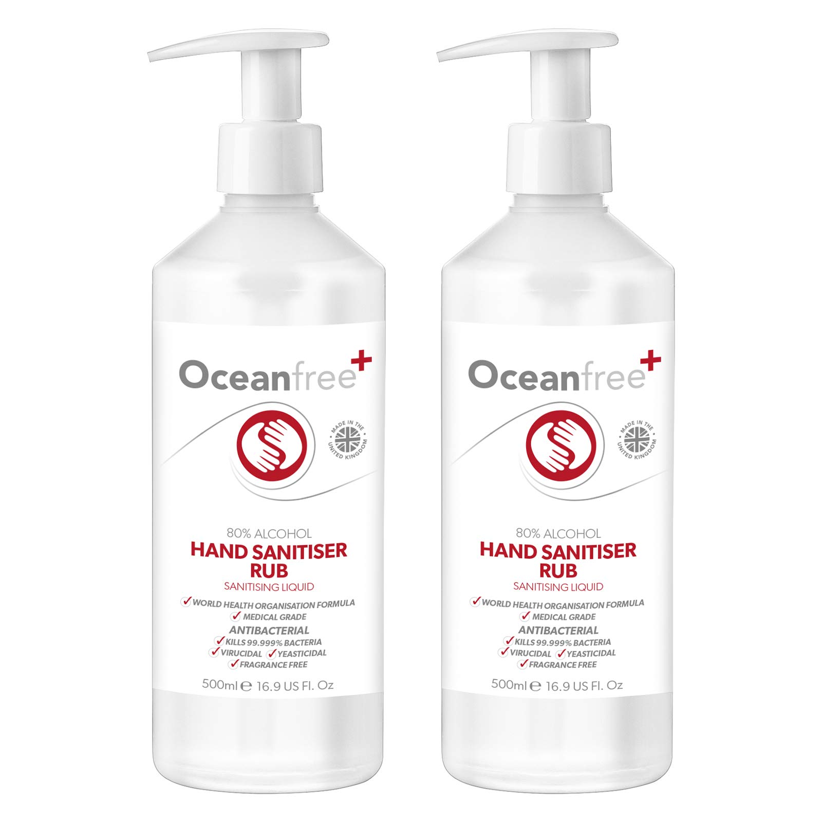 80% Alcohol Hand Sanitiser Liquid Rub - 2x 500ml Pump Bottle - Certified Surgical/Medical Grade - Made in the UK (Pack of 2) — image 1