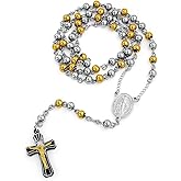 Bling Jewelry Religious Christian Dainty 2MM Round Ball Beaded Link Heart Holy Mother Virgin Mary Delicate Simple Cross Prayer Rosary Rosario Chain For Women Teen Silver Tone Stainless Steel
