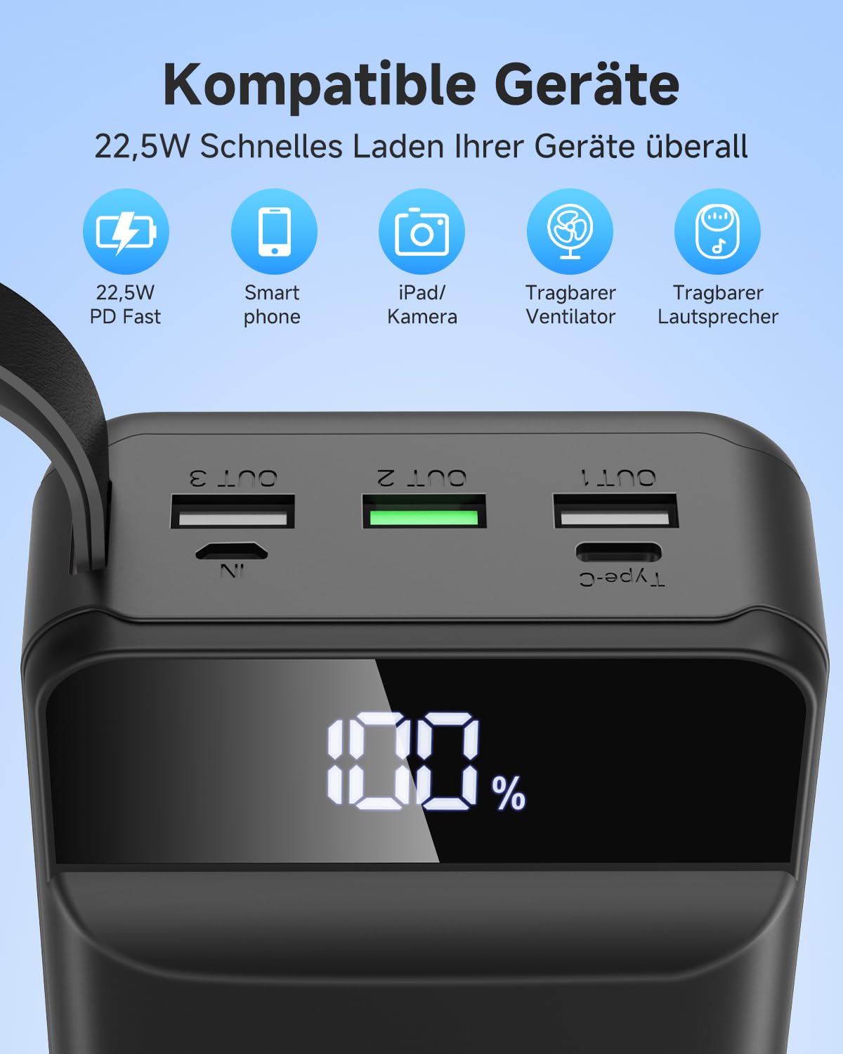 Powerbank 60000mAh, 22,5W PD USB-C Schnellladegerät, Externer Akku mit LED-Anzeige, Power Bank 4 Ausgängen und 2 Eingängen, kompatibel mit iPhone, Tablets, Android und mehr Schwarz 3