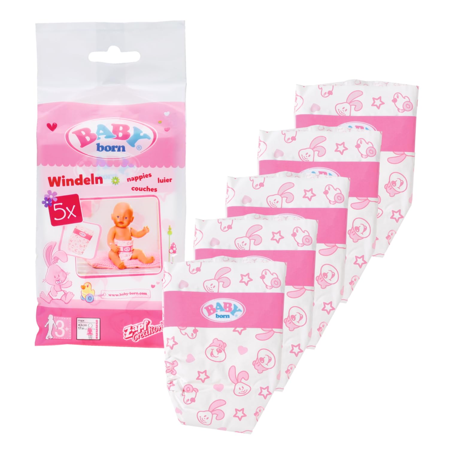 BABY born Nappies for 43 cm Doll - Easy for Small Hands, Creative Play Promotes Empathy & Social Skills, For Toddlers 3 Years & Up - Includes 5 Nappies