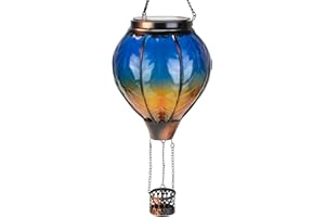 Larekook Solar Hot Air Balloon - Waterproof Solar Lantern with Flickering Flame for Garden Yard Patio Farmhouse Decoration，Stained Glass Blue