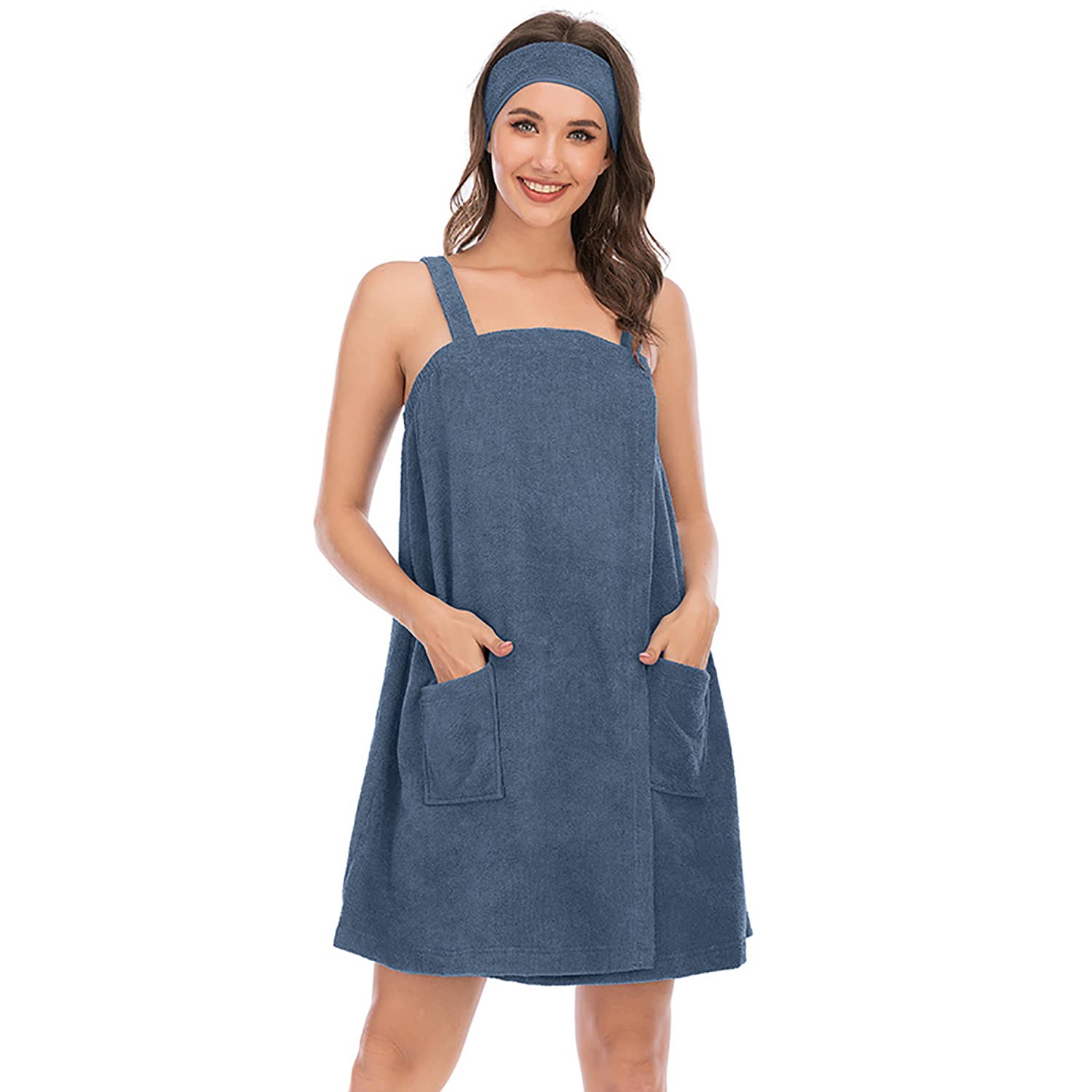 Verve Jelly Women's Towel Wrap for Spa Shower Adjustable Bath Towel Wrap with Headband Cotton Bath Skirt with Strap Terry Bathrobe Blue Grey XXL — image 1