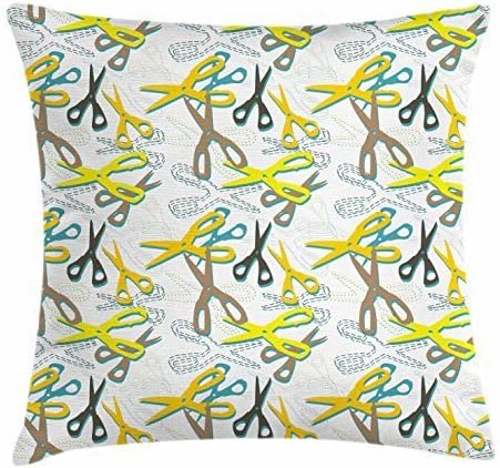 Penny McCarthy Retro Throw Pillow Cushion Cover, Colorful Scissors Pattern Tailor Sewing Themed Abstract Illustration Digital Design, Decorative Square Accent Pillow Case Multicolor