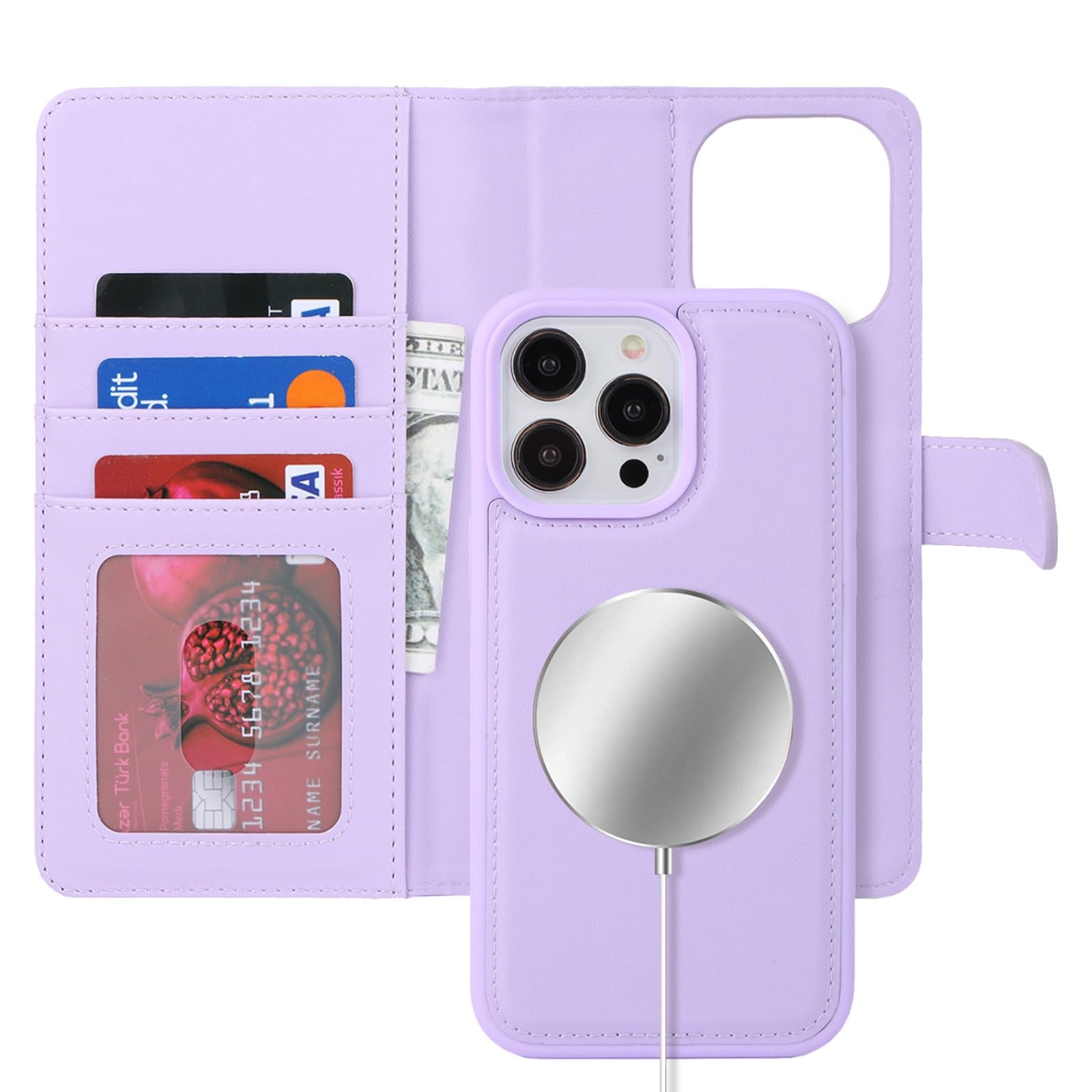 Zouzt for iPhone 15 Pro Max 6.7 Inch Detachable Wallet Case with Card Holder for MagSafe, Premium PU Leather 2 in 1 Flip Folio Book Magnetic Stand Protective Phone Cover - Purple — image 1