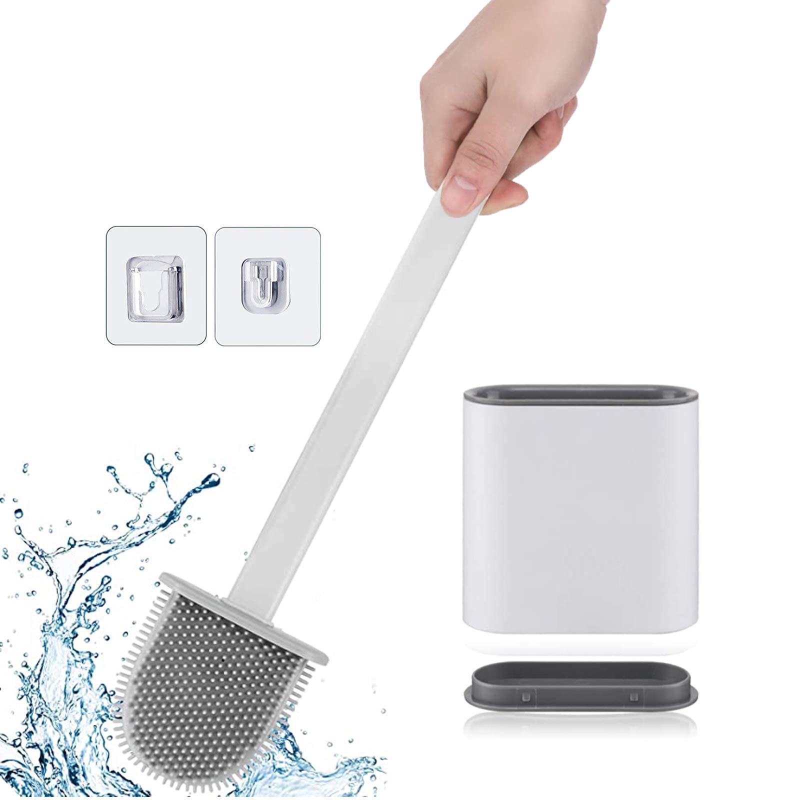 Toilet Brush, Silicone Toilet Brush with Holder, Wall-mounted Deep Clean Flat Soft Brush Head with 1 Pcs Transparent Adhesive Hooks for Bathroom Accessory (White)