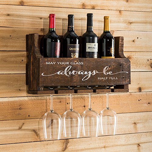 del Hutson Designs The Little Elm Wine Rack w/Quote 'May Your Glass Alway Be Half Full, USA Handmade Reclaimed Wood, Wall Mounted, 4 Bottle 4 Long Stem Glass Holder (Walnut) - Thumbnail 3