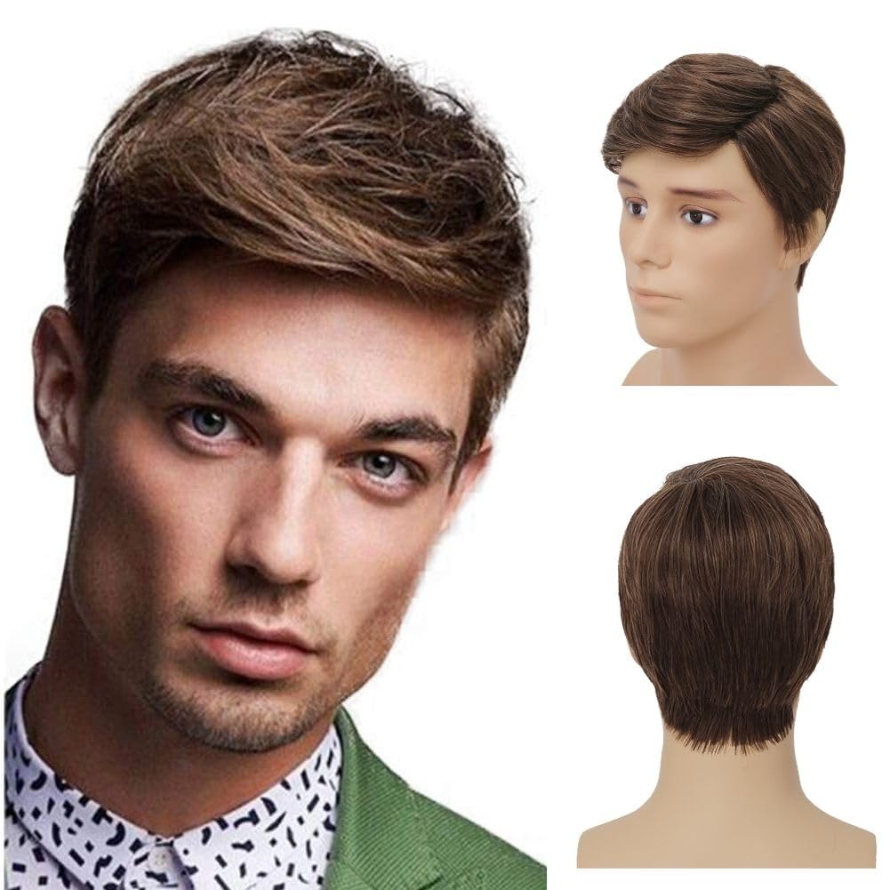 Siudus Brown Short Wigs for Men Straight Layered Synthetic Fiber Hair Wig for Daily Party Use — image 1