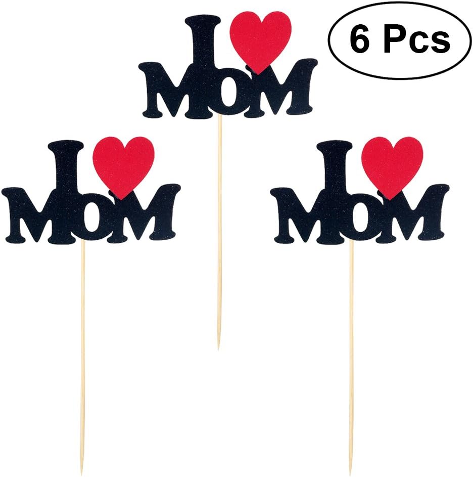 OULII I❤MOM Mother's Day Cake Toppers I Love Mom Cake Decorations Party Supplies for Mother's Day Birthday,Pack of 6 (Black)