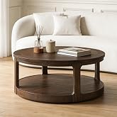 WILLIAMSPACE 40" Round Coffee Table with Wheels, Circle 2 Tier Solid Wood Center Coffee Table, Mid Century Retro Farmhouse Rounded End Table for Living Room Apartment, &oslash;40 x 17.52" H (Dark Brown)