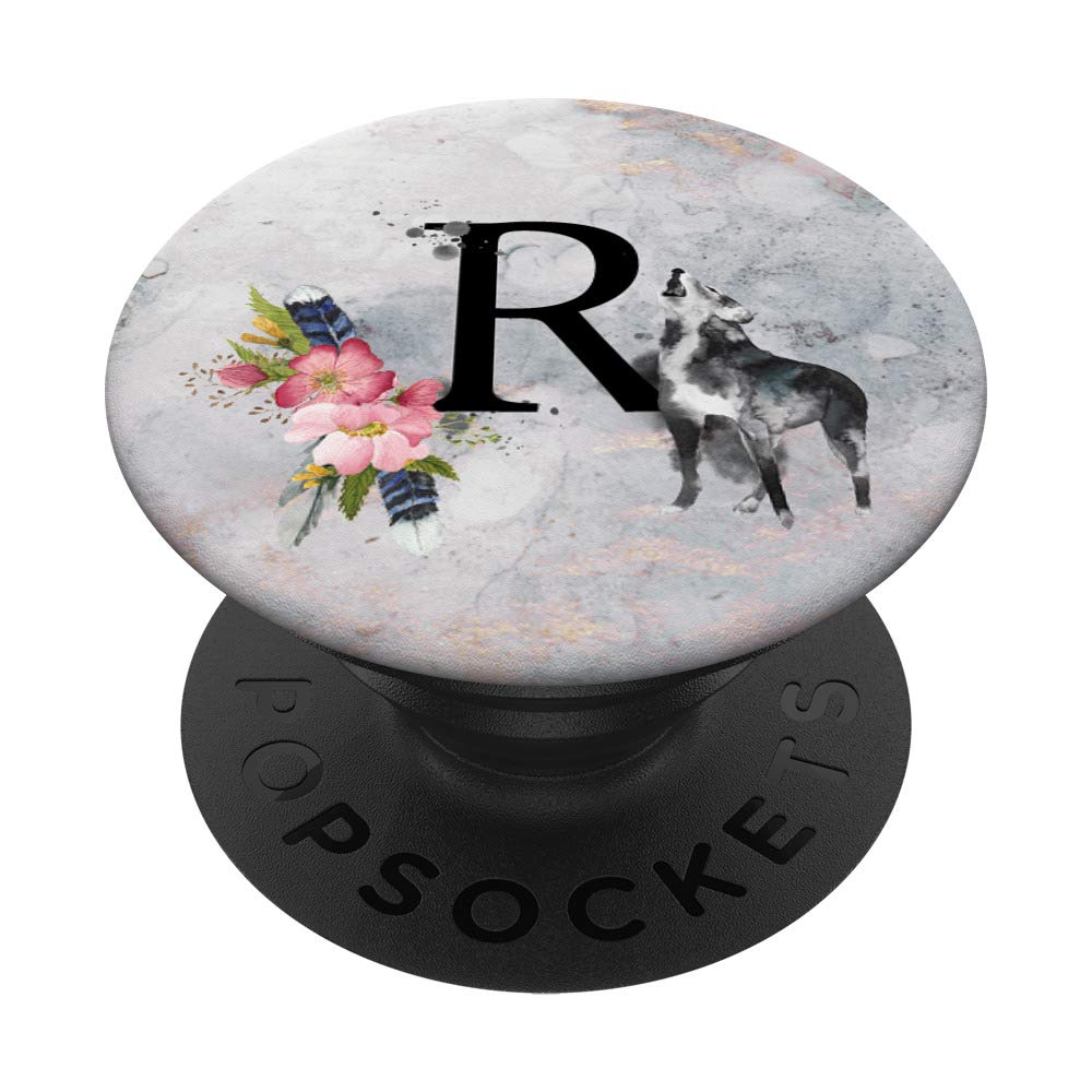 Gray Wolf Monogram Initial R Pink Roses Blue Jay Feather PopSockets PopGrip: Swappable Grip for Phones & Tablets