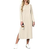 MISFAY Women Long Sleeve Midi Dresses 2025 Fall Side Slit Casual Crewneck Loose Long T Shirts Dress with Pockets