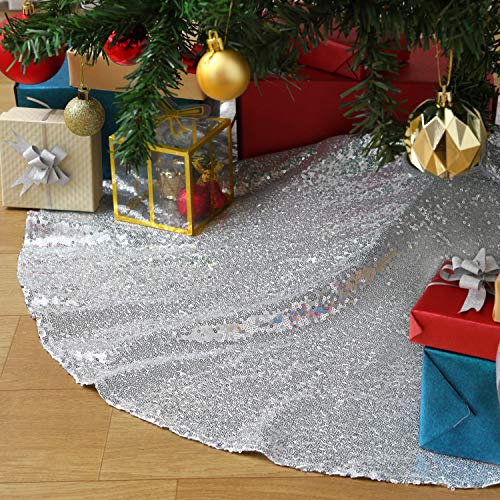 SoarDream Christmas Tree Skirt 48 inches Large Silver Sequin Tree Skirt for Xmas Ornaments