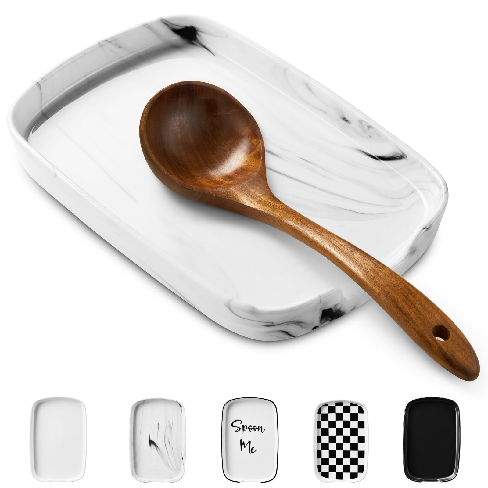 ABRUTY Spoon Rest for Stove Top, Ceramic Spoon Holder for Kitchen Counter, Modern Farmhouse Kitchen Decor Accessories for Spatula, Spoons or Tongs (C-Marble, Rectangular)