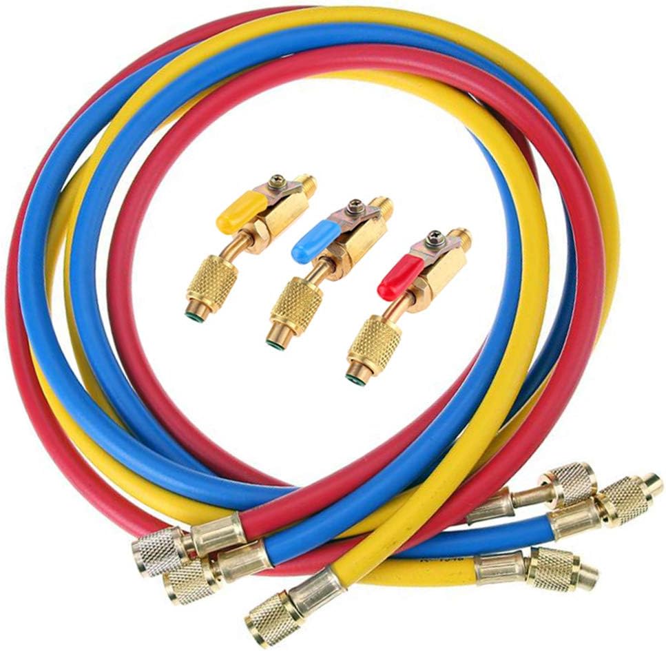 LIYYOO Refrigerant Charging Hose with Ball Valve Apply to R134A R12 R22 R502 R404 Refrigerant Air Conditioning Manifold Gauge 1/4" Thread Hose Set 60" Red/Yellow/Blue (Pack of 3): Automotive