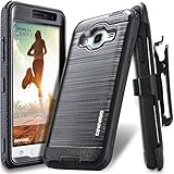 COVRWARE Galaxy J1 (2016) J120 / Galaxy Amp 2 / Galaxy Express 3 [IRON TANK] Built-in [Screen Protector] Full-Body Rugged Holster Armor [Brushed Metal Texture] Case [Belt Clip][Kickstand], Black