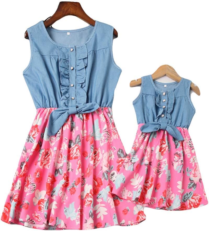 Mommy and Me Denim Floral Print Sleeveless Skirt Dresses Mother Daughter Dress Outfits